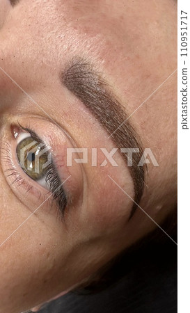 Close up view of beautiful brown female eye. Perfect trendy eyebrow. Good vision, contact lenses, brow bar or fashion eyebrow makeup concept 110951717