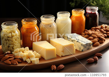A variety of cheese and nuts and also with different cheese sauces 110951793