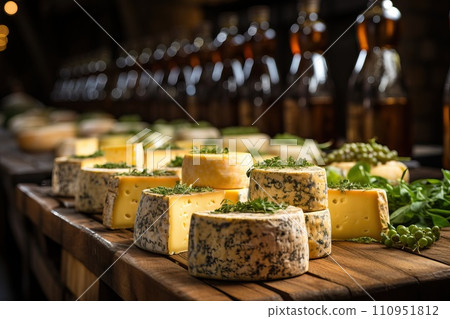 Cheese with mold on supermarket shelves. 110951812