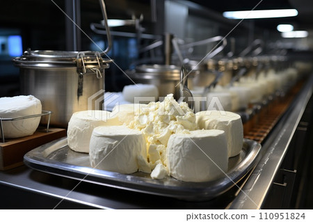 The round and still fresh cheese is removed from the mold The round and still fresh cheese is removed from the mold 110951824