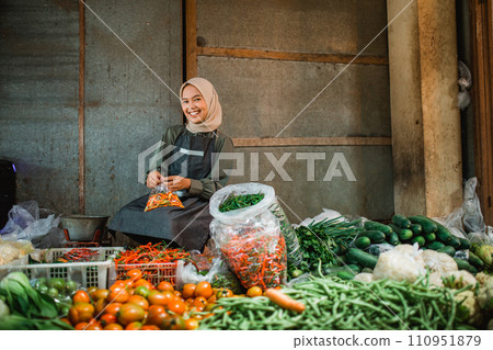 potrait happy asian seller working vegetable stall potrait happy asian seller working vegetable stall 110951879