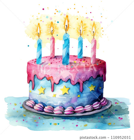 cute watercolor birthday childish vivid cake isolated 110952031