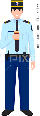 Standing French Policeman Gendarme with Cup of Coffee in Traditional Uniform Character Icon in Flat Style. Vector Illustration. Standing French Policeman Gendarme with Cup of Coffee in Traditional Uniform Character Icon in Flat Style. Vector Illustration. 110952166
