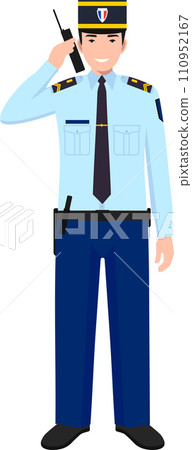 Standing French Policeman Gendarme with Walkie-Talkie in Traditional Uniform Character Icon in Flat Style. Vector Illustration Standing French Policeman Gendarme with Walkie-Talkie in Traditional Uniform Character Icon in Flat Style. Vector Illustration 110952167
