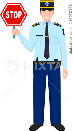 Standing French Policeman Gendarme with Warning Sign Stop in Traditional Uniform Character Icon in Flat Style. Vector Illustration. Standing French Policeman Gendarme with Warning Sign Stop in Traditional Uniform Character Icon in Flat Style. Vector Illustration. 110952168