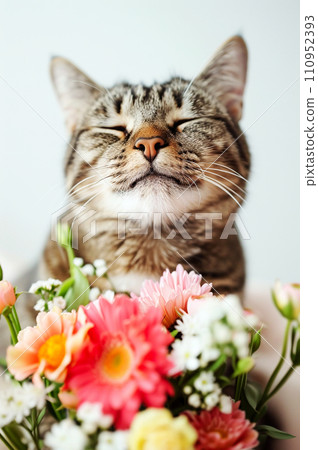Funny cute cat with a bouquet of flowers. Funny cute cat with a bouquet of flowers. 110952393