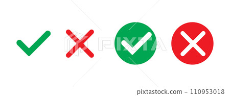 Green check mark, red cross mark icon set. Isolated tick symbols, checklist signs, approval badge. Flat and modern checkmark design, vector illustration. Green check mark, red cross mark icon set. Isolated tick symbols, checklist signs, approval badge. Flat and modern checkmark design, vector illustration. 110953018