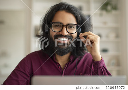 Call Center Operator. Closeup Portrait Of Happy Young Indian Man In Headset 110953072