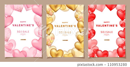 Valentine's day background. 3d hearts with place for text. Romantic sale banners templates, backdrop or invitation cards for wedding. Vector illustration. Valentine's day background. 3d hearts with place for text. Romantic sale banners templates, backdrop or invitation cards for wedding. Vector illustration. 110953280