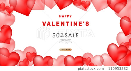 Valentine's day background. 3d hearts with place for text. Romantic sale banners templates, backdrop or invitation cards for wedding. Vector illustration. 110953282