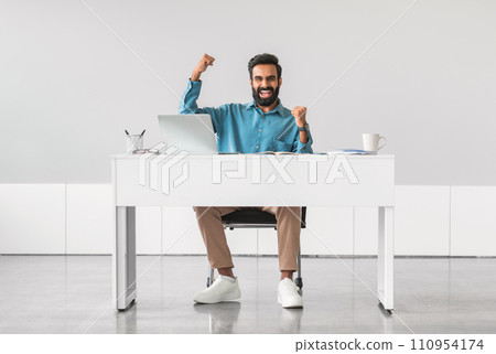 Joyful indian man celebrating success at desk 110954174