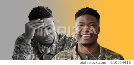 Depression In Military. Collage With Black Male Soldier Expressing Different Moods Depression In Military. Collage With Black Male Soldier Expressing Different Moods 110954416