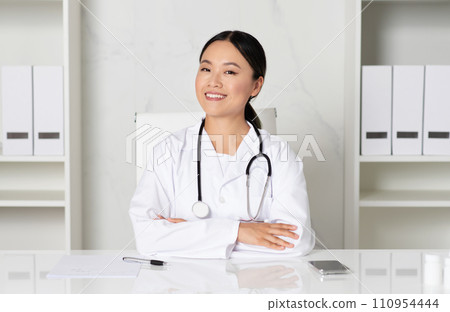 Portrait Of Smiling Asian Doctor Lady Posing At Workplace In Office 110954444