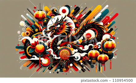 An abstract digital art piece combining traditional Chinese New Year elements like dragons, fireworks, and lanterns in a dynamic and contemporary composition with bold color transitions. 110954500