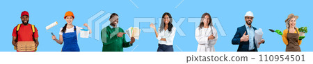 Employment Concept. Multiethnic People Of Diverse Professions Posing On Blue Background Employment Concept. Multiethnic People Of Diverse Professions Posing On Blue Background 110954501