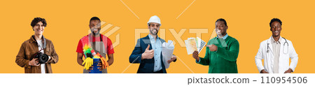 Careers Concept. Various men in their work uniforms posing against colorful background 110954506