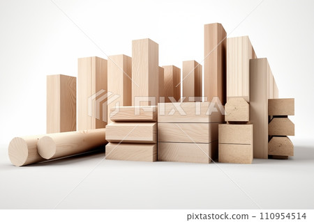 Different Wooden beams on white background. Construction materials Different Wooden beams on white background. Construction materials 110954514