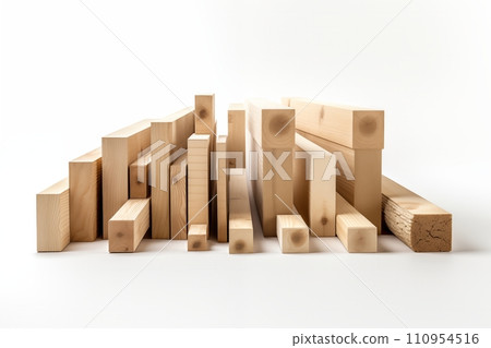Different Wooden beams on white background. Construction materials Different Wooden beams on white background. Construction materials 110954516