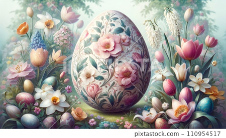 An elegant Easter eggs featuring delicate floral patterns and pastel shades, placed in a natural garden setting with blooming flowers. An elegant Easter eggs featuring delicate floral patterns and pastel shades, placed in a natural garden setting with blooming flowers. 110954517