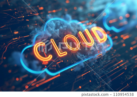 A futuristic and conceptual image representing smart integration, 'CLOUD' high-tech , surrounded by intricate circuit connections, symbolizing advanced artificial intelligence and computing 110954538