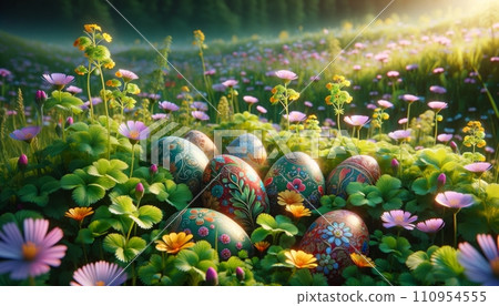 A close-up scene of a patch of wildflowers in a green meadow, with intricately painted Easter eggs nestled in between, illuminated by the gentle light of a spring morning 110954555