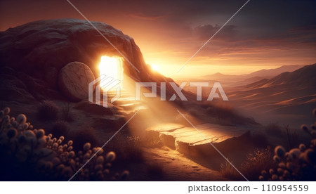Empty tomb with the stone rolled away at dawn, symbolizing Jesus' resurrection, set against the backdrop of a beautiful sunrise. Empty tomb with the stone rolled away at dawn, symbolizing Jesus' resurrection, set against the backdrop of a beautiful sunrise. 110954559