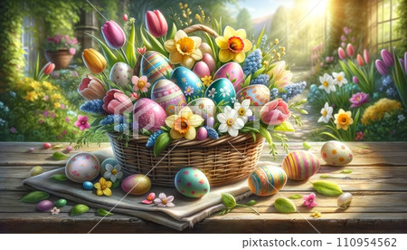 A charming Easter basket filled with decorated eggs and a mix of spring flowers like tulips and daffodils, set on a rustic wooden table in a garden. A charming Easter basket filled with decorated eggs and a mix of spring flowers like tulips and daffodils, set on a rustic wooden table in a garden. 110954562