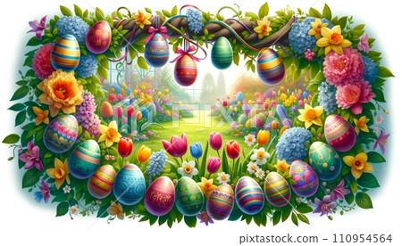 A festive Easter egg garland intertwined with a variety of colorful spring flowers, hanging in front of a bright window with a view of a blossoming garden. 110954564