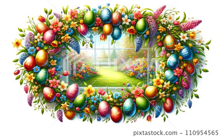 A festive Easter egg garland intertwined with a variety of colorful spring flowers, hanging in front of a bright window with a view of a blossoming garden. A festive Easter egg garland intertwined with a variety of colorful spring flowers, hanging in front of a bright window with a view of a blossoming garden. 110954565