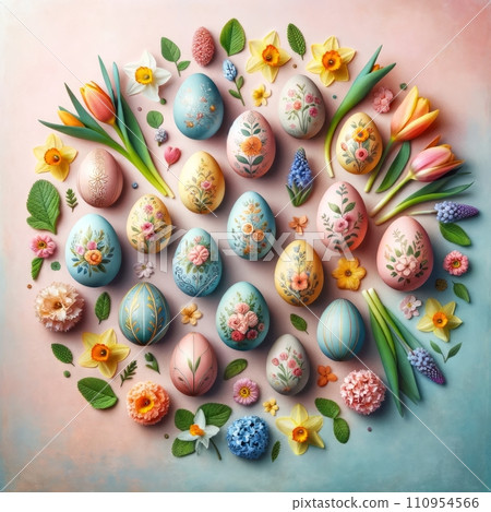 An artistic flat lay of Easter eggs painted with floral patterns, surrounded by a circle of fresh spring flowers on a pastel background. 110954566