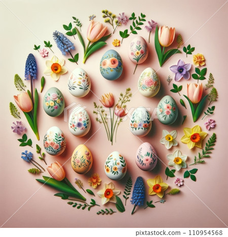 An artistic flat lay of Easter eggs painted with floral patterns, surrounded by a circle of fresh spring flowers on a pastel background. An artistic flat lay of Easter eggs painted with floral patterns, surrounded by a circle of fresh spring flowers on a pastel background. 110954568