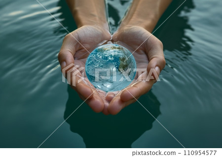 An evocative and symbolic World Water Day, featuring hands cupping clear, clean water with a reflection of the Earth, emphasizing the global significance of water conservation and sustainability An evocative and symbolic World Water Day, featuring hands cupping clear, clean water with a reflection of the Earth, emphasizing the global significance of water conservation and sustainability 110954577