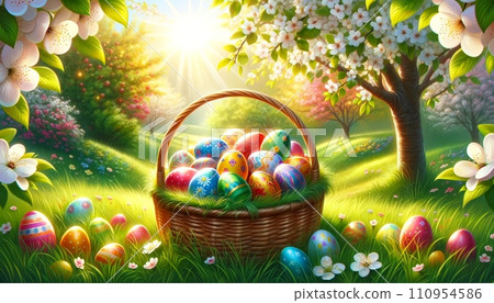 Easter painted eggs in a basket, placed on grass in a sunny orchard. Vibrant and cheerful atmosphere of a sunny spring orchard, highlighting the joy and beauty of Easter with brightly painted eggs. Easter painted eggs in a basket, placed on grass in a sunny orchard. Vibrant and cheerful atmosphere of a sunny spring orchard, highlighting the joy and beauty of Easter with brightly painted eggs. 110954586