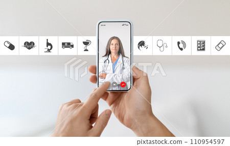 Unrecognizable Man Video Conferencing With Female Doctor On Smartphone, Getting Medical Consultation 110954597