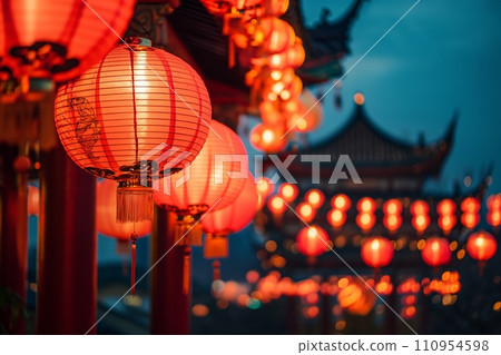 A festive scene of red lanterns and a majestic dragon decoration for Chinese New Year, set against a backdrop of traditional architecture 110954598