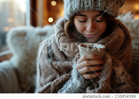 A woman in a cozy woolen hat, wrapped in a plush blanket, holding a steaming cup of tea, set in a comfortable and inviting living room 110954599