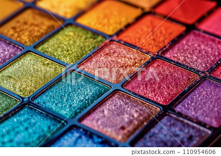 Close-up of an eye shadow palette with a variety of colors. Close-up of an eye shadow palette with a variety of colors. 110954606