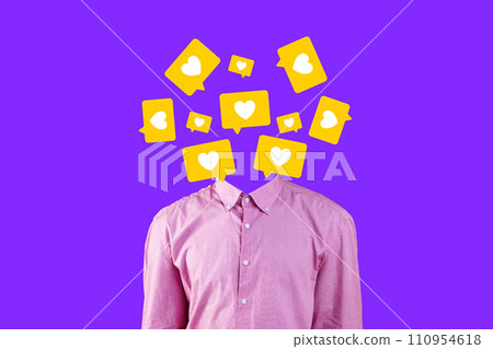 Man with social media hearts instead of head, conceptual collage 110954618