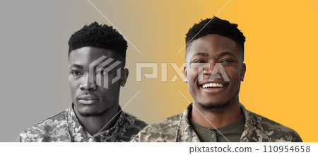 PTSD Concept. Black male soldier expressing contrasting emotions PTSD Concept. Black male soldier expressing contrasting emotions 110954658