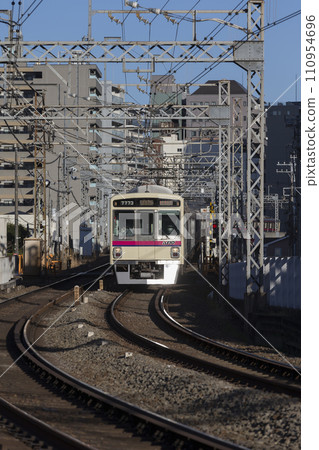 Keio Line bound for Shinjuku, Fuchu Station, curve, express, semi-limited express, Keio Hachioji, Mt. Takao, 8000 series limited express, each stop Keio Line bound for Shinjuku, Fuchu Station, curve, express, semi-limited express, Keio Hachioji, Mt. Takao, 8000 series limited express, each stop 110954696