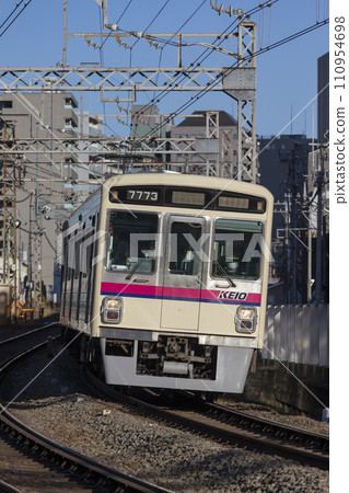 Keio Line bound for Shinjuku, Fuchu Station, curve, express, semi-limited express, Keio Hachioji, Mt. Takao, 8000 series limited express, each stop Keio Line bound for Shinjuku, Fuchu Station, curve, express, semi-limited express, Keio Hachioji, Mt. Takao, 8000 series limited express, each stop 110954698
