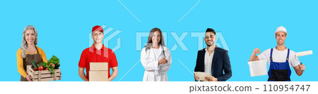 Composite Image With People Of Different Professions Portraits Over Blue Background 110954747