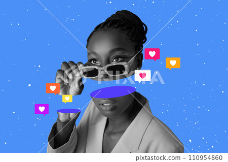 african woman with cut head and likes messages, conceptual collage african woman with cut head and likes messages, conceptual collage 110954860