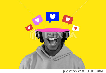 guy with cropped half head and social media likes, collage guy with cropped half head and social media likes, collage 110954861