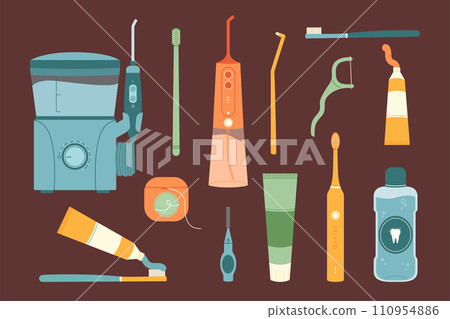 Teeth health care set. Collection of oral hygiene cleaning tools toothpaste, toothbrush and dental floss. Flat vector isolated illustration Teeth health care set. Collection of oral hygiene cleaning tools toothpaste, toothbrush and dental floss. Flat vector isolated illustration 110954886