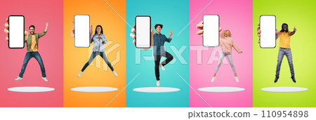 Positive excited young diverse men and women show big smartphone with empty screen 110954898