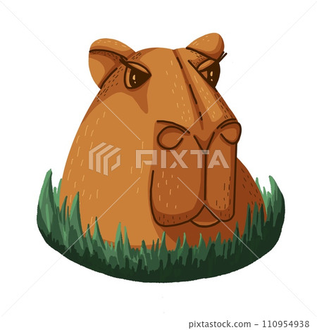 Isolated illustration of an adult capybara in the grass on a white background. A flat illustration. 110954938