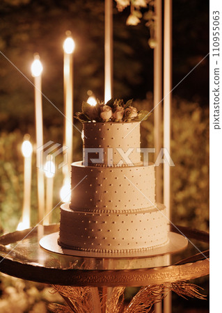 White Wedding Cake with Flowers 110955063