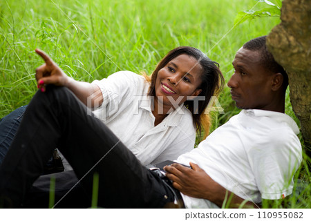 happy couple lying in the grass happy couple lying in the grass 110955082