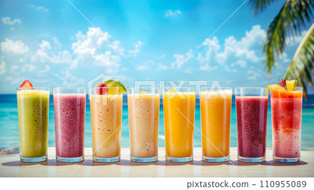 A tropical beach scene with eight glasses of various fruit smoothies lined up on a bar. 110955089